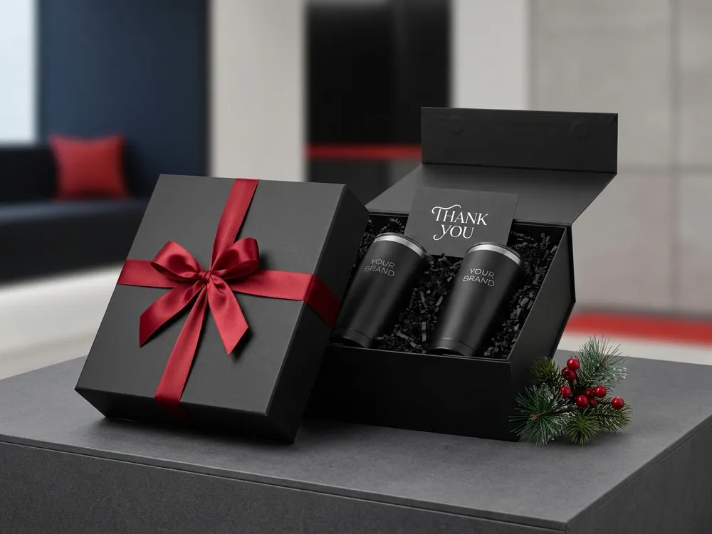 Holiday gift box with red ribbon